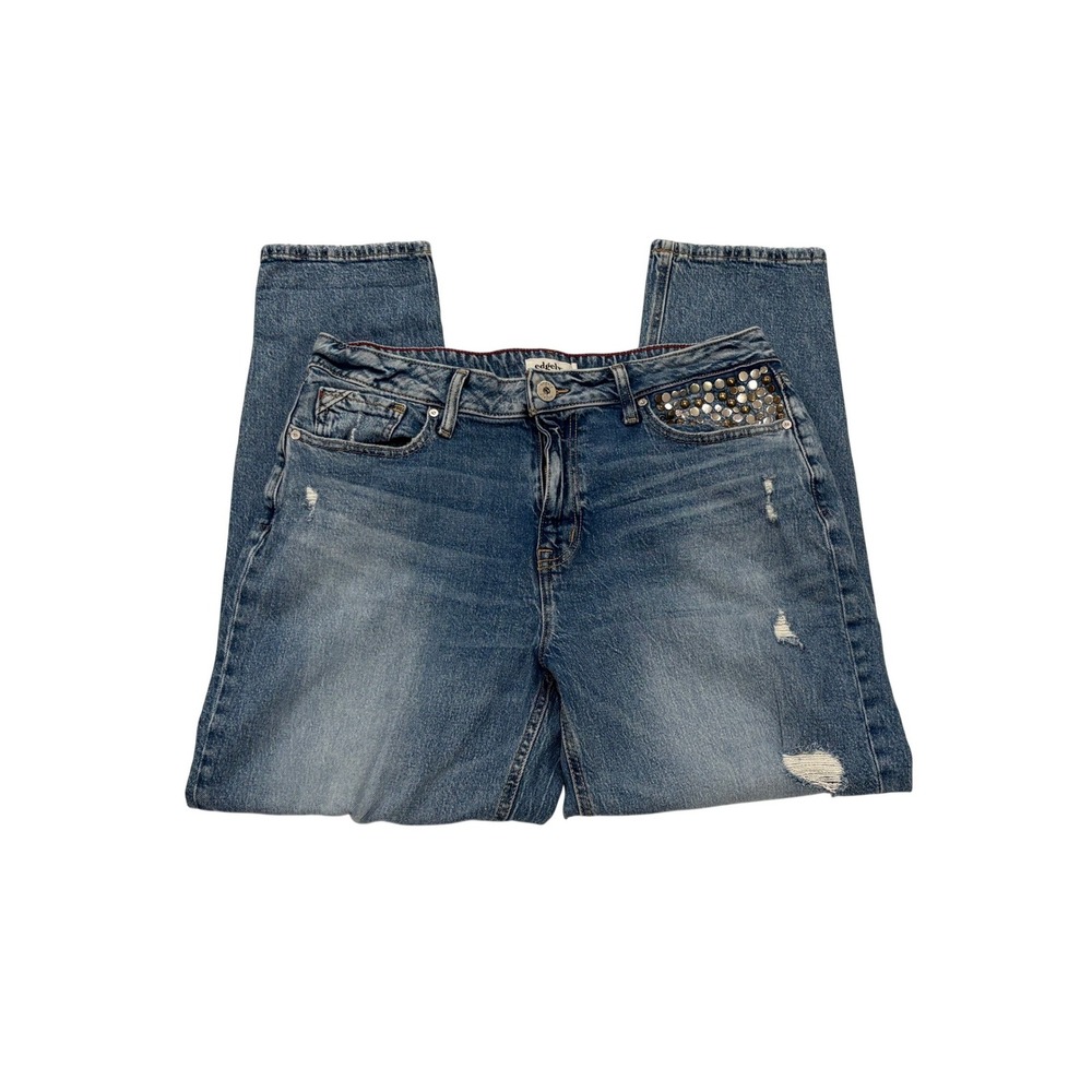 Edgely Women 16 Reg High Rise Tapered Studded Distressed Jeans Blue Y2K Grunge